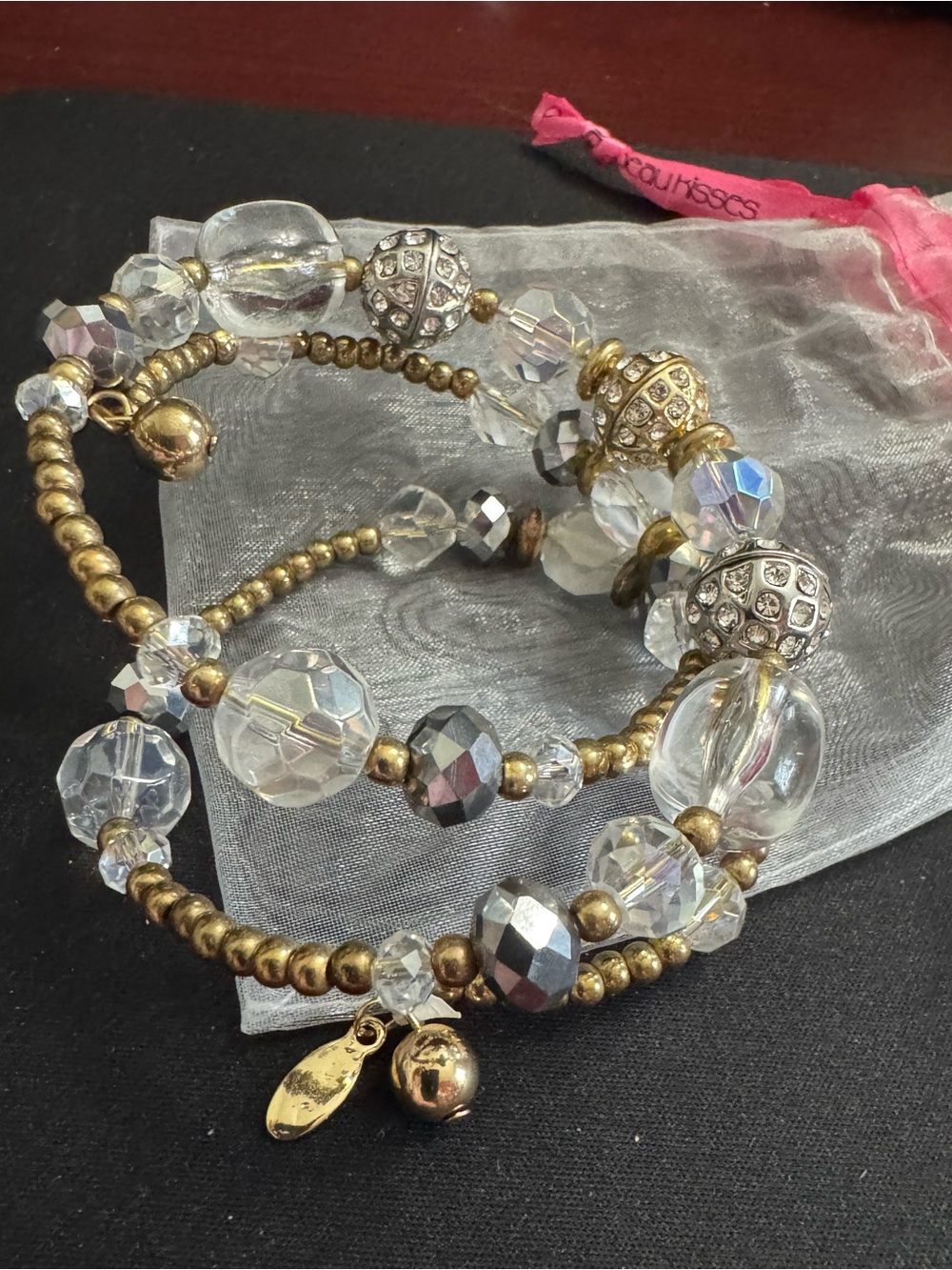 Vintage AB Crystal, Gold tone and Silver Filigree Cap Wire Beaded Wrap Bracelet